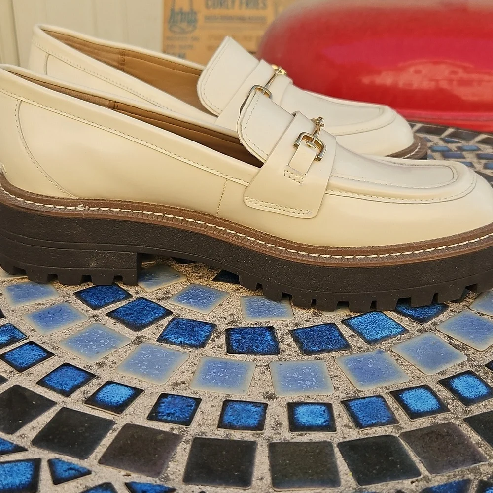 Sam Edelman New York Cream Loafers with Gold Buckle Detail